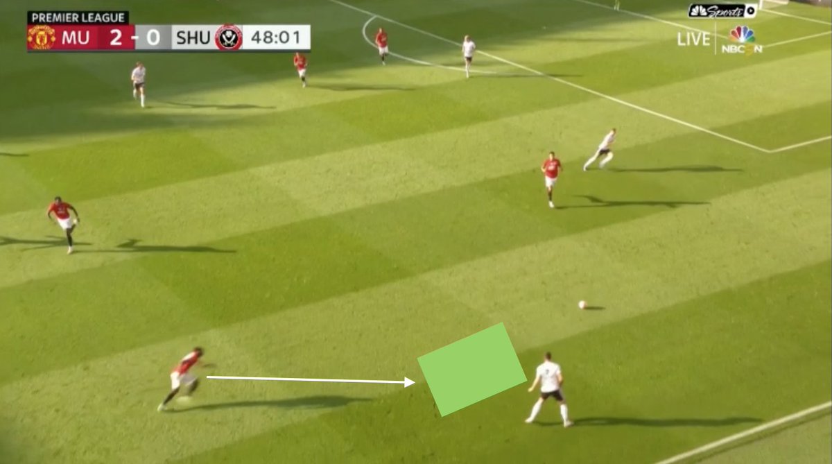 But he doesn't, instead he's running to this area here, just next to Stevens even though he's not going to get there before Stevens gets the ball. Why is he doing this?  #MUFC