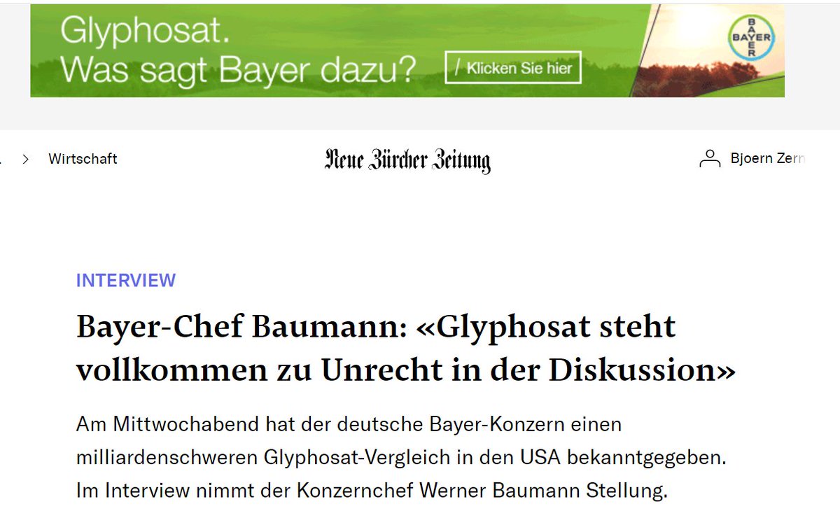 BjoernZern's tweet photo. Wie unabhängig sind unsere #Qualitätsmedien wirklich? Langsam zweifle ich daran, wenn ich heute das Interview mit @Bayer -Chef Baumann in der @NZZ zu Glyphosat lese. Was sagt Bayer dazu? Glyphosat steht völlig zu Unrecht in der Diskussion. #Medien #nzz #bayer #Glyphosat https://t.co/1yza9acc67