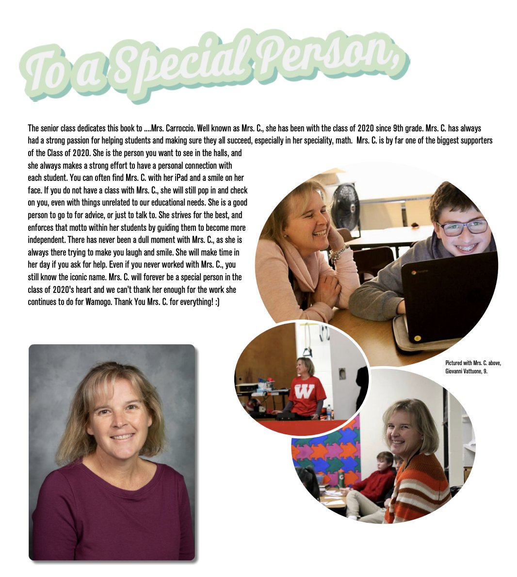 MrsMatBusiness's tweet photo. Now that the book has been distributed, I want to officially recognize the 2020 Wamogo yearbook dedication: Danielle Carroccio, or "Ms. C." as all the students call her! Congratulations! https://t.co/uV0aHyJ25W