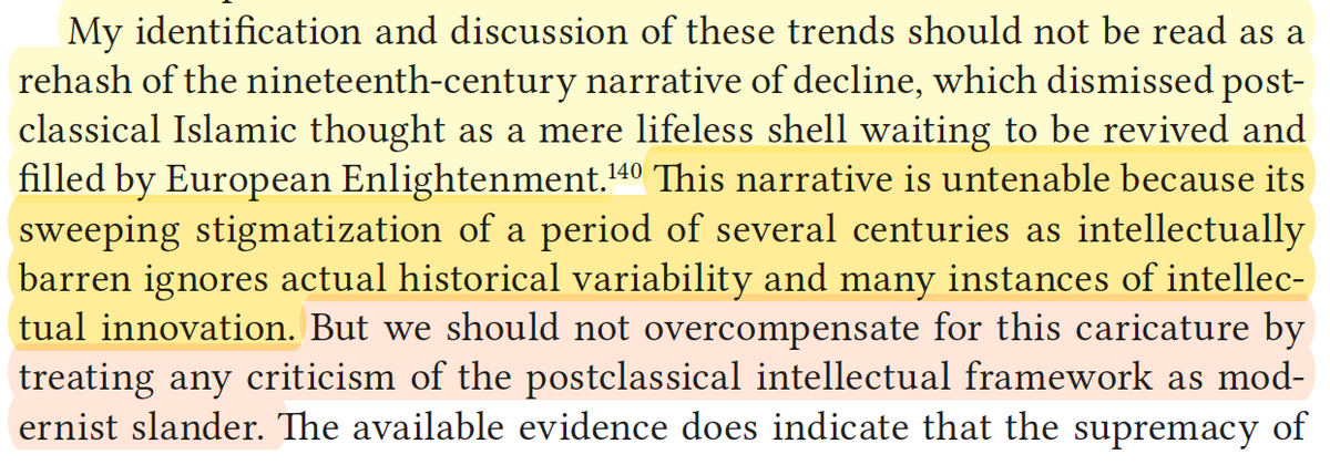 So, we are reaching the end of the chapter 2 and we have been wondering where does Ahmed El Shamsy's thesis stand in relation to the the narrative of decline? Luckily, he clarifies his position vis-a-vis the modernists. Here is what he says which makes sense in my opinion. /43