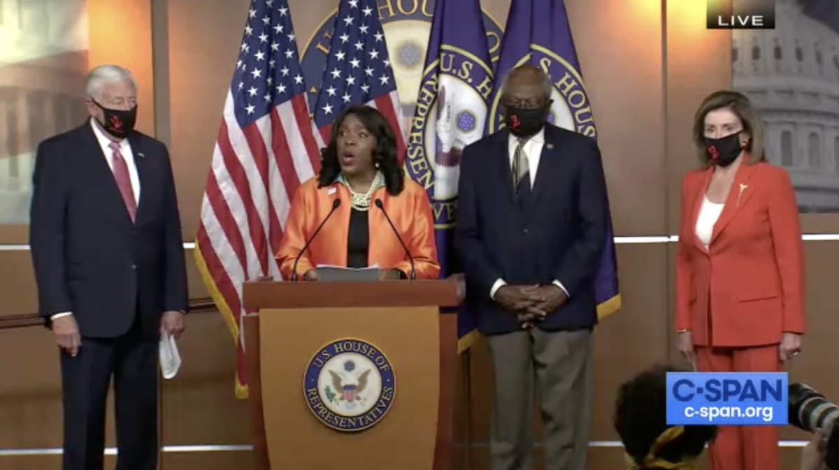 C-SPAN screenshot shows Reps. Sewell, Pelosi, Hoyer, and Clyburn speaking at the press conference.