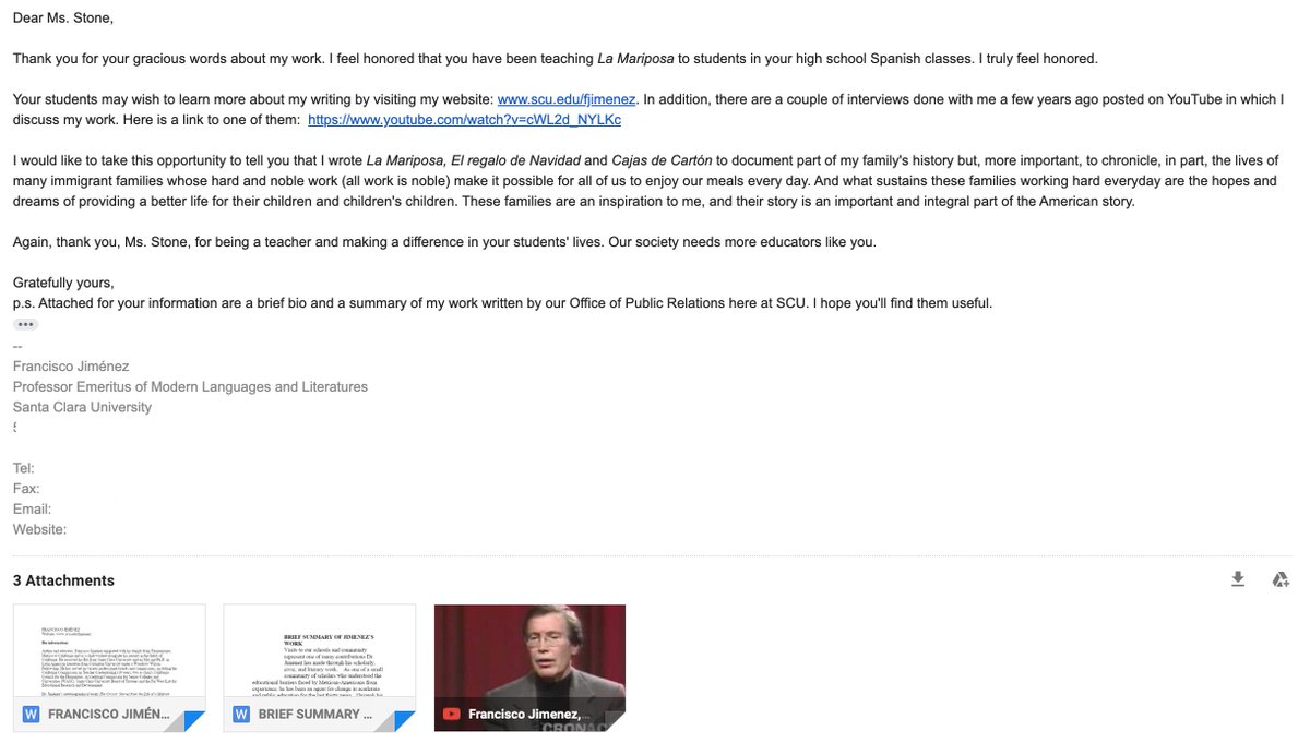I wrote Dr. Francisco Jiménez (author of La Mariposa, which I teach, and many other awesome books about growing up in the Central Valley as a Mexican American immigrant), and he emailed back! ☺️ 

I highly recommend checking out La Mariposa, Cajas de Cartón, and his other books!