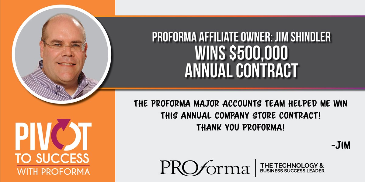 Proforma's tweet photo. βThank you to the Proforma Major Accounts Team for helping me win this $500,000 annual company store contract!β β Jim Shindler. #ThankYouProforma #OnlyProforma https://t.co/aBQQLAJkzU