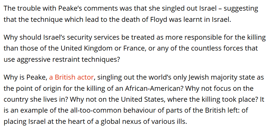 Bush plays with words to insinuate that there was something sinister about Maxine Peake's comment, in which she drew a connection between two forms of state racism that have a well-documented ideological and material affinity, including the sharing of repressive techniques. 3/