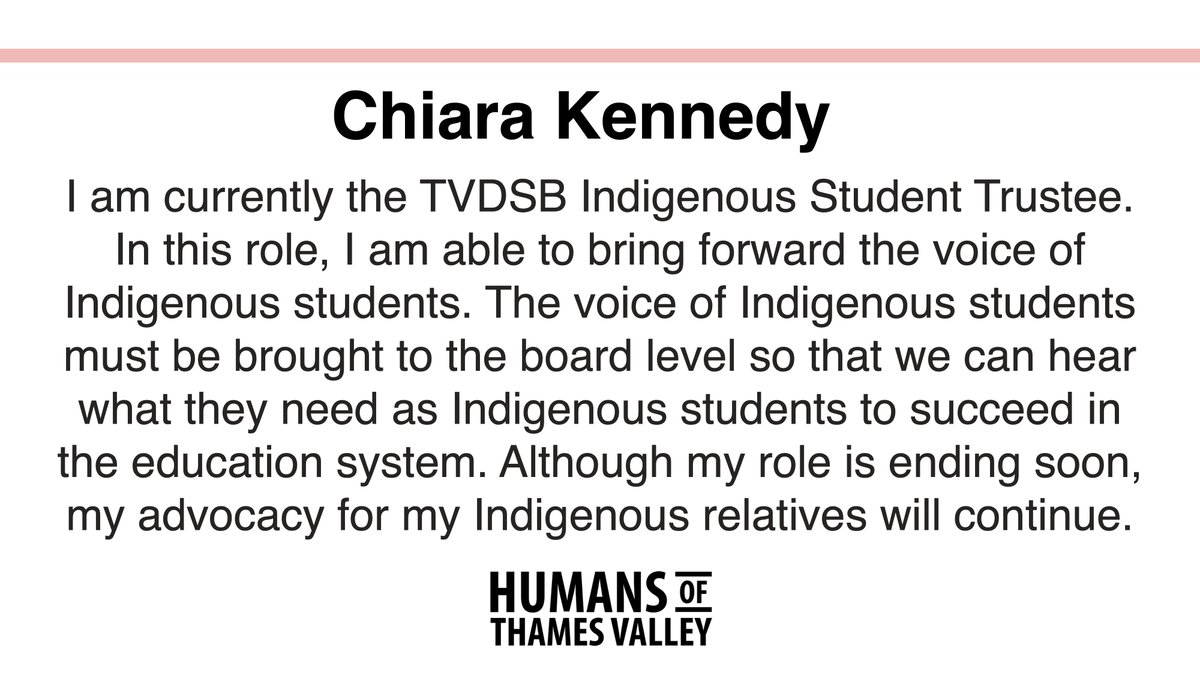 Meet Chiara Kennedy!! Chiara is Turtle Clan from Beausoleil First Nation and Oneida Nation of the Thames. Chiara is also the <a href="/TVDSB/">Thames Valley DSB</a> Indigenous Student Trustee &amp; a grade 11 student at <a href="/SaunderSS/">ronald</a>. Read Chiara's commitment to amplifying Indigenous student voices in the photos.