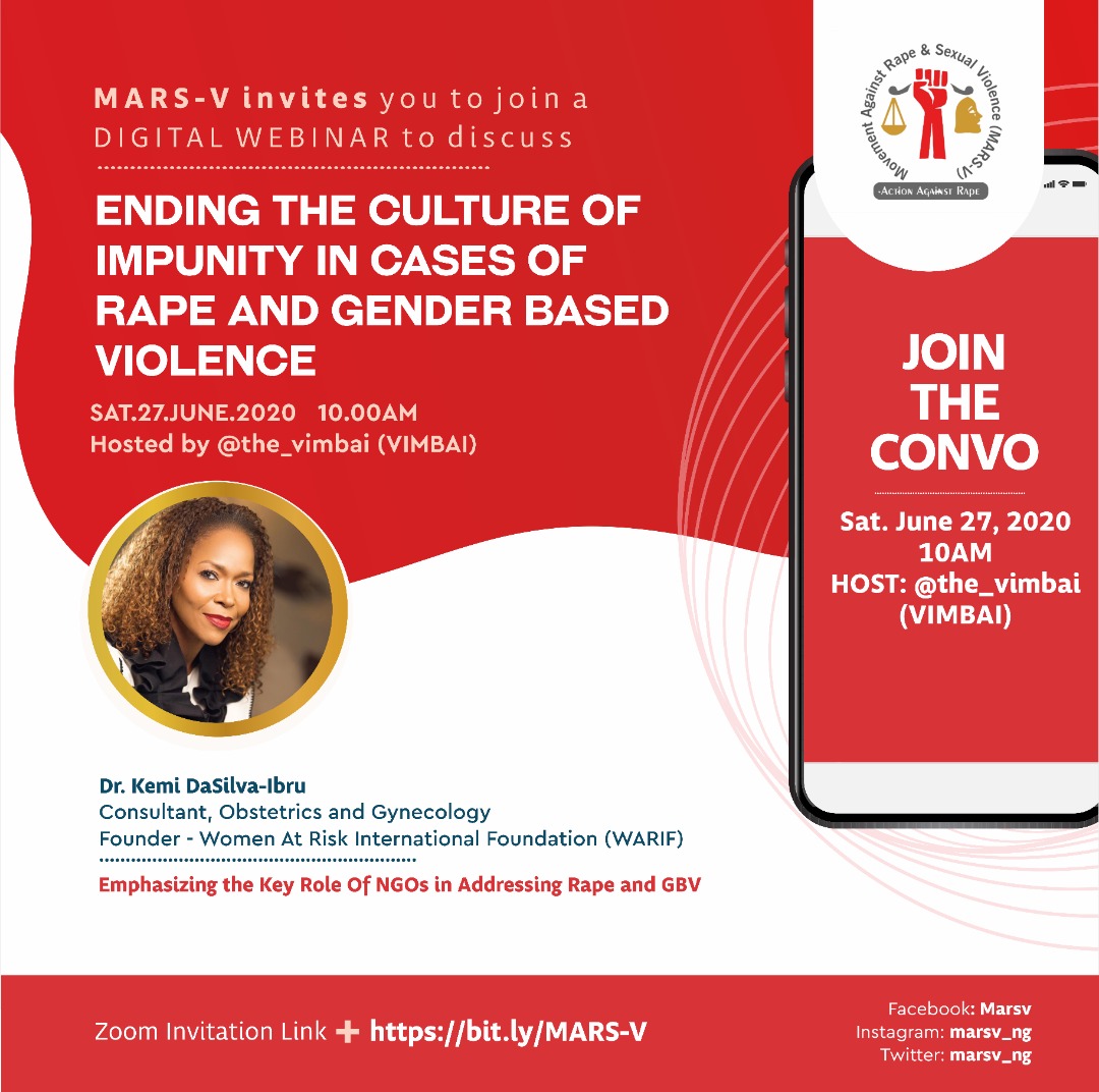 nighealthwatch's tweet photo. Join the coversation to #EndRape and #GenderBasedViolence  webinar organised by @marsv_ng and hosted by @The_Vimbai

Theme: "Ending the Culture of Impunity in Cases of Rape and Gender Based Violence" 

Date: Jun 27, 2020 

Time: 10:00 AM 
 
Register: https://t.co/oLHuF0MUY6 https://t.co/cinC1418ni