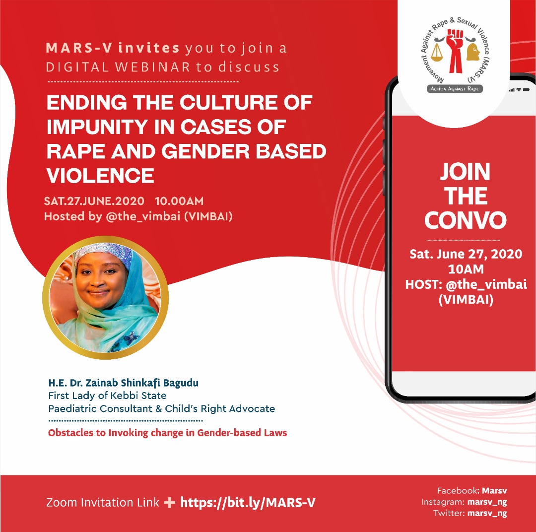 nighealthwatch's tweet photo. Join the coversation to #EndRape and #GenderBasedViolence  webinar organised by @marsv_ng and hosted by @The_Vimbai

Theme: "Ending the Culture of Impunity in Cases of Rape and Gender Based Violence" 

Date: Jun 27, 2020 

Time: 10:00 AM 
 
Register: https://t.co/oLHuF0MUY6 https://t.co/cinC1418ni