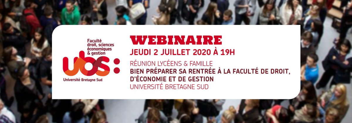 [Réunion d'information]
La Faculté organise le jeudi 2 juillet à partir de 19h une réunion en ligne sous forme de webinaire afin d'informer ses futurs étudiants <a href="/UBS_universite/">UBS_universite</a>. Pour accéder à ce webinaire vous devrez vous connecter via le lien ci-dessous:
zoom.us/webinar/regist…