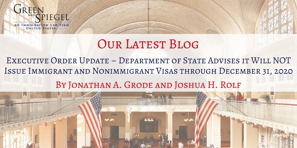 Quick Takeaways:
U.S. Dept. of State will not issue new or renewed #NonimmigrantVisas in the effected classes until December 31, 2020. Suspension of #ImmigrantVisa issuance also extended. No timeline on resumption of routine, in-person #VisaServices. bit.ly/2YBkF35