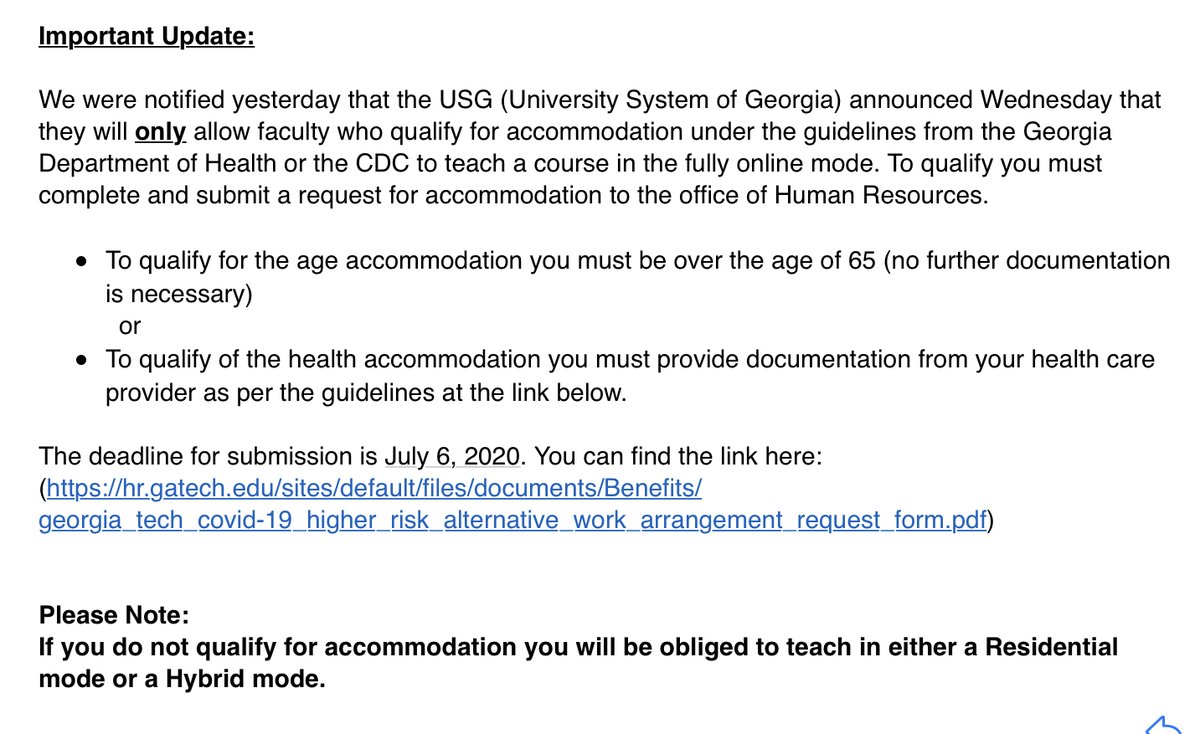 Many universities have refused to consider family medical risk in determining fall teaching modality (online, in person, hybrid, etc.)Georgia Tech is now among those, but for even worse reasons: Because the USG told it do, which is the answer for everything now.