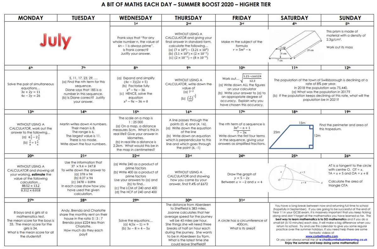 Want a resource to help Y10 with regular mathematical practice over the summer holidays? Why not try my Summer Boost "Little Bit of Maths" calendars designed to support Y10 over July &amp; August download free from mrchadburn.school.blog/2020/06/26/kee…