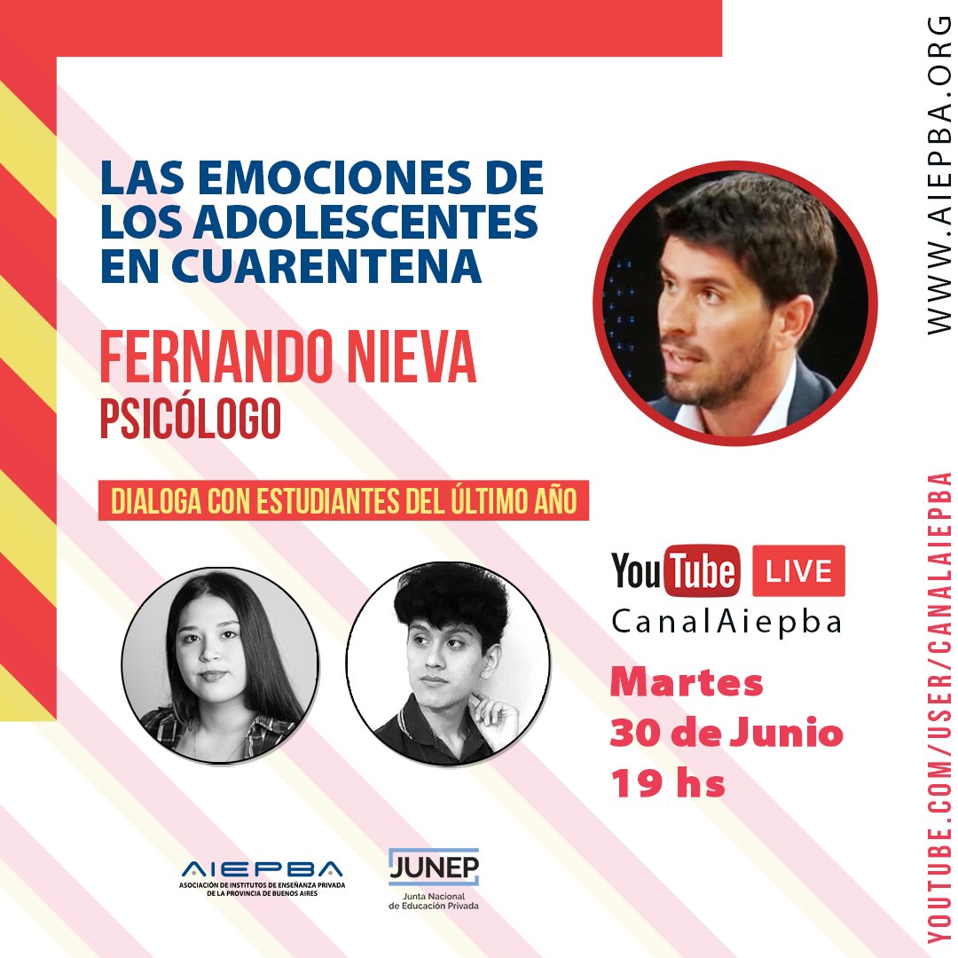 AIEPA_AIEPBA's tweet photo. Vivo en YouTube - Canal AIEPBA ▶️ "Las emociones de los adolescentes en cuarentena" a cargo del psicólogo Fernando Nieva 👉 Dirigido a todos los estudiantes y familias del nivel secundario.

+ Info https://t.co/JxR9gXq04H
#ComunidadAIEPBA
#JUNEP https://t.co/JkjRa879Vt