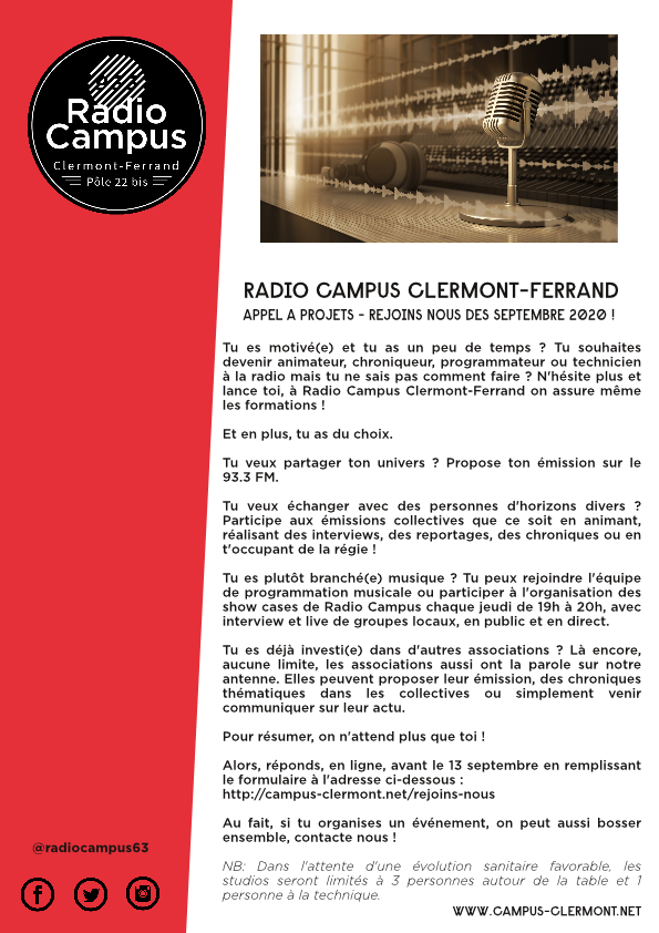 RadioCampus63's tweet photo. [APPEL A PROJETS] Tu as envie de te lancer un nouveau défi et de passer derrière le micro ? Rejoins nous dès septembre ! https://t.co/ogXHkXviZN