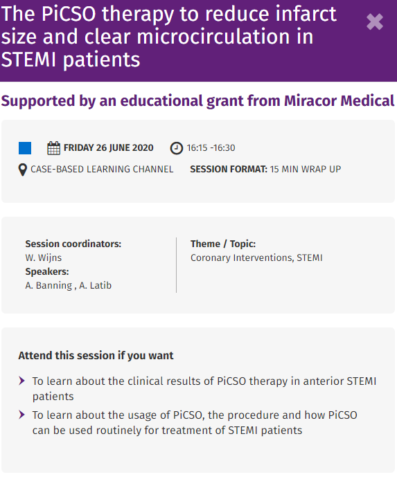 PCRonline's tweet photo. Everything you need to know about The PiCSO therapy will be discussed during this session today at 16:15! Join @WijnsWilliam @azeemlatib and A. Banning👨⚕️!
👉Log in to view: https://t.co/YGJQE8yogB
#PCReCourse @MIRACORMEDICAL https://t.co/xgYVGewoOC