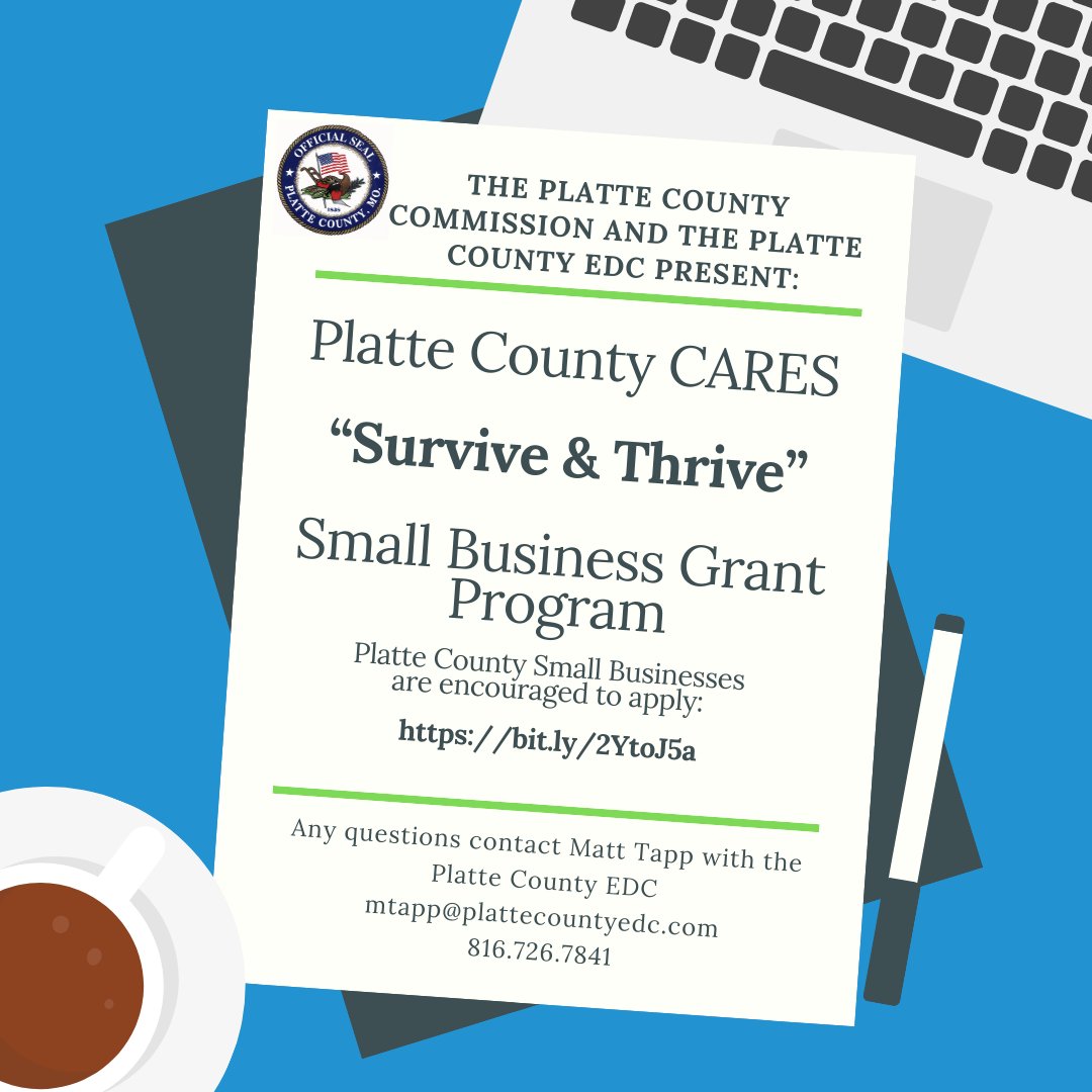 Don’t forget to apply for the Platte County CARES “Survive &amp; Thrive” Small Business Grant Program. 

Small businesses in Platte County, MO, are encouraged to apply right away. The first round of review &amp; awards begins June 29, 2020

Click here to apply: bit.ly/2YtoJ5a