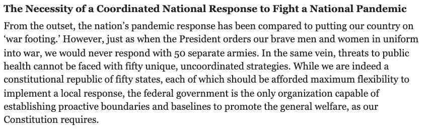 In the face of public health threats, the U.S. needs clear federal leadership. Implementing fifty unique, uncoordinated strategies to the COVID-19 pandemic will only extend the crisis and put American lives at risk. 2/10  https://www.covidexitstrategy.org 