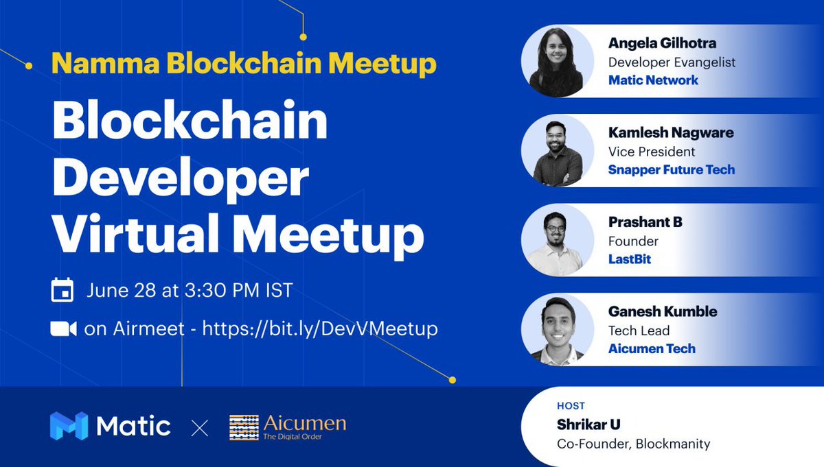 0xPolygon's tweet photo. Our Developer Evangelist @angelagilhotra will be speaking at the Namma Blockchain Developer Virtual Meetup on June 28th at 3:30PM IST.

Topics: Lightning Network, IPFS, how devs can leverage Matic Network to build scalable #DApps, and much more!

Join us: https://t.co/hOncZaJ6SZ https://t.co/cCNoYFp7pG