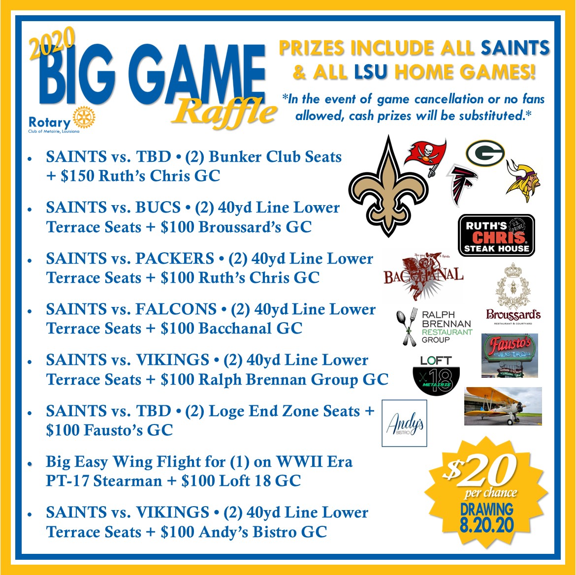Just a few of the great prizes included in this year's BIG GAME Raffle! 40 Prizes Total = 40 Winners! 

Email sclary@bridgehouse.org for more info on purchasing tickets.