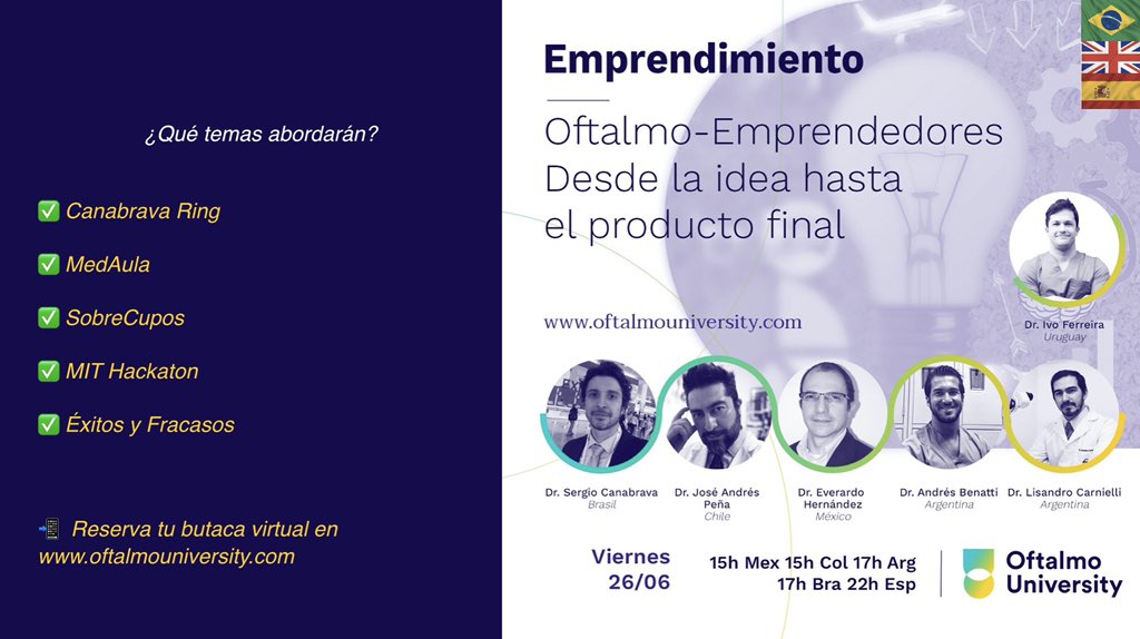 OftalmoUniv's tweet photo. TODAY!!!
Ophthalmo-Entrepreuners!!
@eyegeek @sergiocanabrava @drojos @DrGEN @abtti @IvoFerrMD 
.
.
Discussing everything about entrepreneurship in ophthalmology!
Don’t miss it!!! 
(Spa-Eng-Por)
#Entrepreneurship #entrepreneurs 
#Ophthalmology https://t.co/FYCiZvqryS