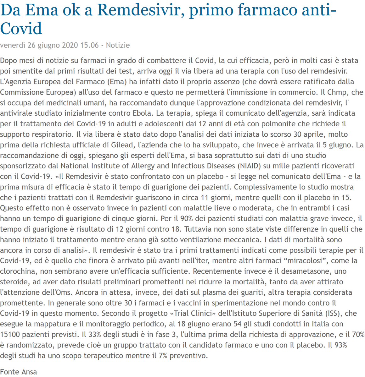 fimmgnotizie's tweet photo. La notizia di apertura di oggi:"Da Ema ok a Remdesivir, primo farmaco anti-Covid" - Leggi anche tutte le altre news di FimmgNotizie cliccando qui https://t.co/airfCYOhwk https://t.co/45JTPFtw4p