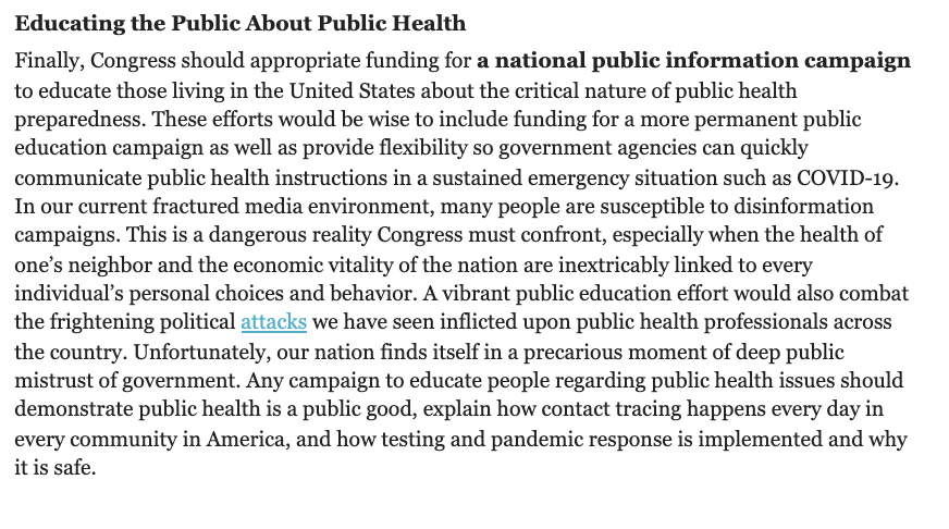 COVID-19 has revealed the critical need for trusted & accurate public health information. Congress should appropriate funding for a national public information campaign about the critical nature of public health preparedness. 9/10