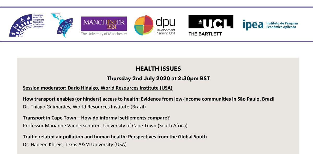 Registration now open for the fourth thought-provoking session of the <a href="/INTALInC/">INTALInC</a> <a href="/IntalincLac/">INTALInC LAC</a> webinar series on #Transportation and #Health. We will have presentations from @MarianneCT1, <a href="/thiagoguimaraes/">Thiago Guimarães</a> and @HaneenKhreis moderated by <a href="/dhidalgo65/">Dario Hidalgo Guerrero 🇨🇴</a> Register: bit.ly/INTALInC4