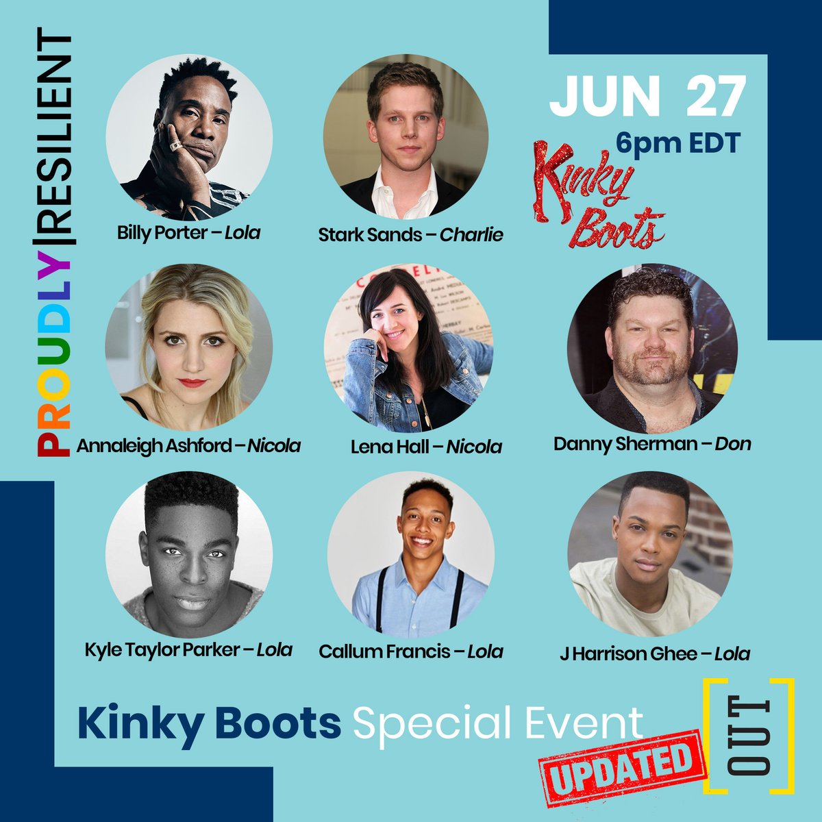 Saturday 6 pm, 3 Tony Awards winners for @OutLeadership star-studded 'Kinky Boots special' benefiting @BCEFA. Let's close #ProudlyResilient and #Pride2020 in style ! @theebillyporter @starksands @AnnaleighOnline @Calmania @LenaRockerHall @KTPway Register: outleadership.zoom.us/webinar/regist…