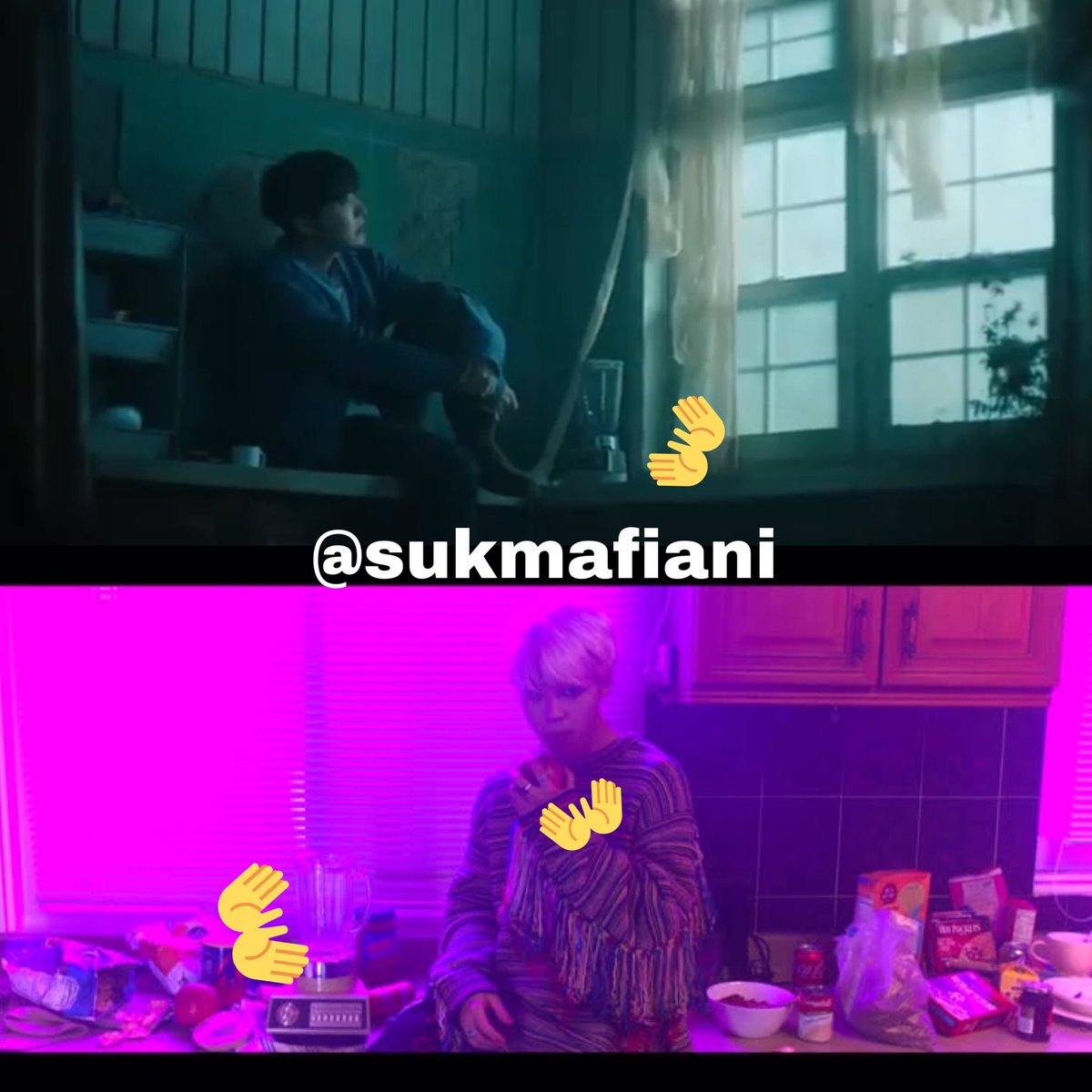 Blender ini ngingetin aku sm Mv BST ver jepang mereka Jimin sdg duduk sendiri dg blender disampingnya dn memegang apel merah.Lalu knp blender?Menurutku krn blender ini digunakan oleh Namjoon utk memblender apel yg dia minumkan ke JK dg paksa. Tp knp cairanya malah jadi hijau?