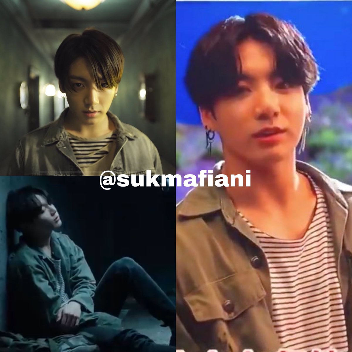 Inilah alasan kenapa outfit JK di mv stay gold ini sama dg outfit nya di fake love. Jacket+baju bergaris