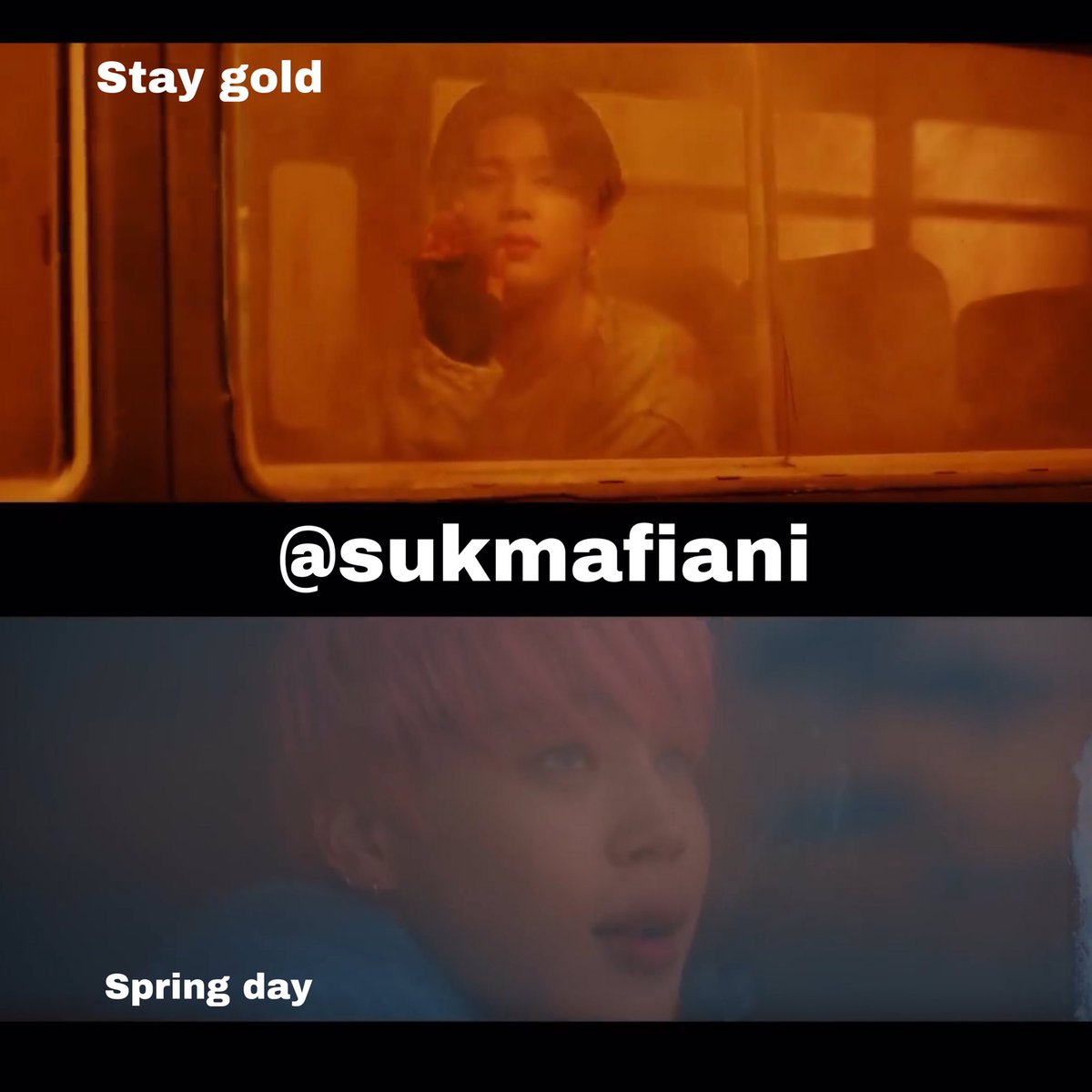 Adegan dimana Jimin melihat keluar jendela. Bedanya,di mv stay gold dia ada dlm bus tp di spring day dia dlm kereta. Menurutku Jimin melihat keluar krn dsini dia merasa masi punya harapan buat bahagia dg hidupnya kedepan.