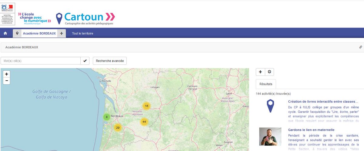 DUPUYFrdric1's tweet photo. La plateforme #cartoun https://t.co/DioETkzFme permet de cartographier, en les géolocalisant, les activités pédagogiques. Elle me permet également de mettre en avant les pratiques innovantes des collègues de ma circonscription en leur donnant une visibilité certaine. https://t.co/Ftarc4GvVp