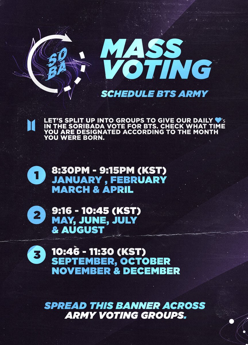 bts_pk_galaxy's tweet photo. [ SOBA MASS VOTING : TEAM 3]

🕛 10:46PM - 11:30PM (KST)

SEPT - DEC army’s time to caste your votes using ONLY DAILY ♥ on CHOEAEDOL app

‼️Don’t use Ever ♥ wait for us to make a smart move 😉

Use: #AttackonSOBA https://t.co/FzMTNas5iw