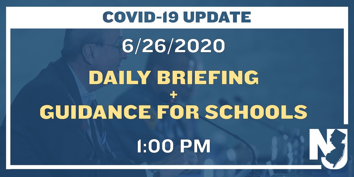 GovMurphy's tweet image. Join me live today at 1:00 PM for our daily briefing on #COVID19 in New Jersey – where we’ll be announcing @NewJerseyDOE’s guidance for the reopening of schools in the fall.
 
YouTube: youtube.com/njgovernorsoff…
Twitter: 
Facebook: facebook.com/governorphilmu…
