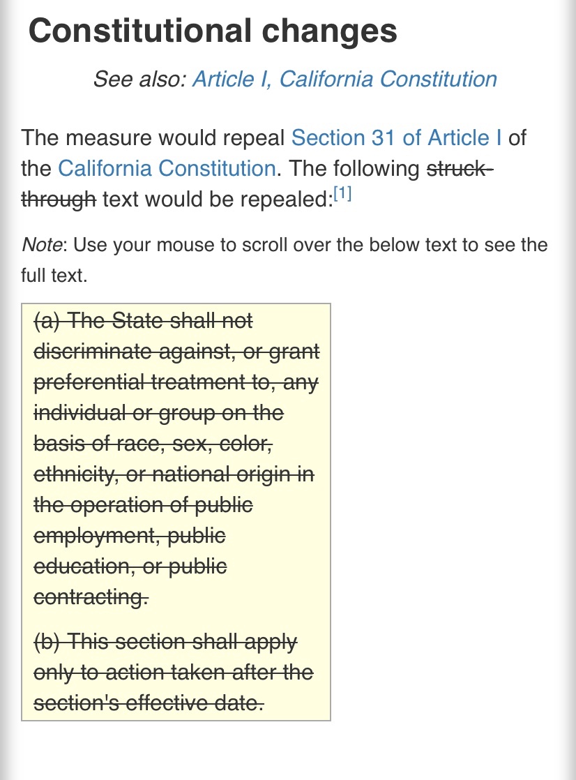 Yes, this is real. Assembly Constitutional Amendment 5 (“ACA5”) has only one clause: delete Section 31 from the California state constitution. https://ballotpedia.org/California_Repeal_Proposition_209_Affirmative_Action_Amendment_(2020)
