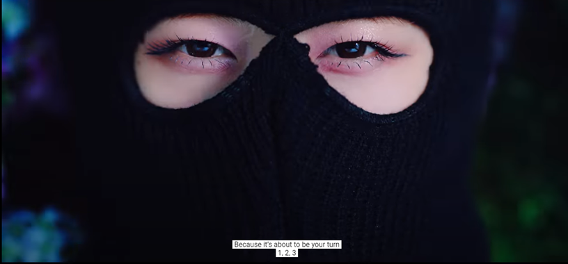 7.Finally, she put on a black mask opened at the eyes. Unlike the past where they lived in pink life and blindfolded with sweetness, they decided to live in the dark (hiatus) for the last one year with their eyes open for more attentiveness and thoughtfulness.