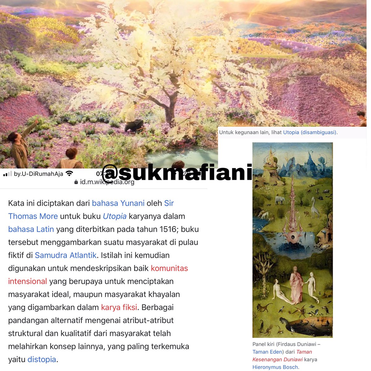 Dan ini lah utopia. Tempat yg mereka temukan penuh bunga,penuh keindahan dn kebebasan mreka. Dimana utopia ini adalah dunia taman kesenangan yg diciptakan nyaris sempurna. seperti lirik lagu “euphoria-JK”. Ketika bersamamu, aku bagaikan di utopia. -end- hwaaa akirnya