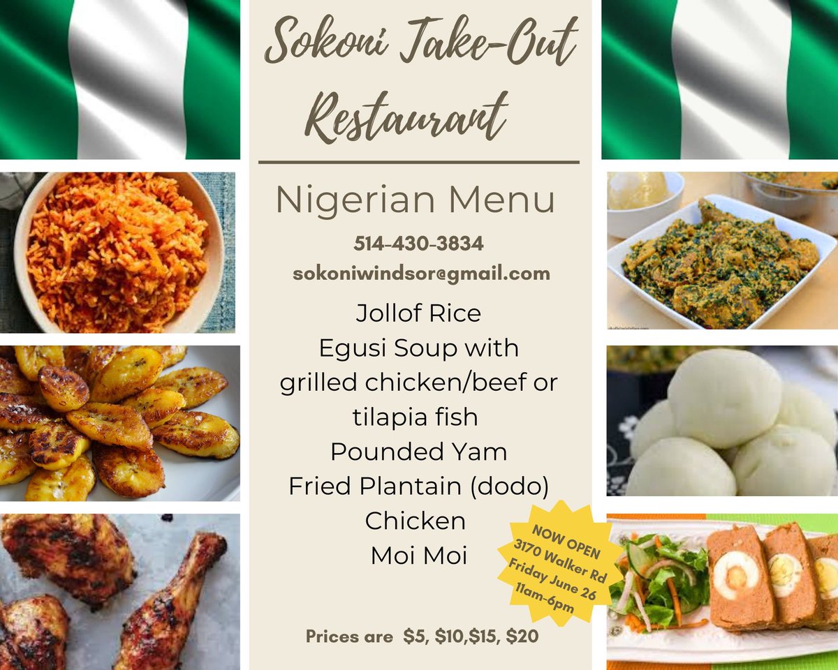 NCCEEP's tweet photo. Who's hungry?? Enjoy delicious Nigerian cuisine today at Sokoni from 12-6pm at 3170 Walker Rd. Call ahead or email sokoniwindsor@gmail.com to place your order! https://t.co/ay7G55VMQF