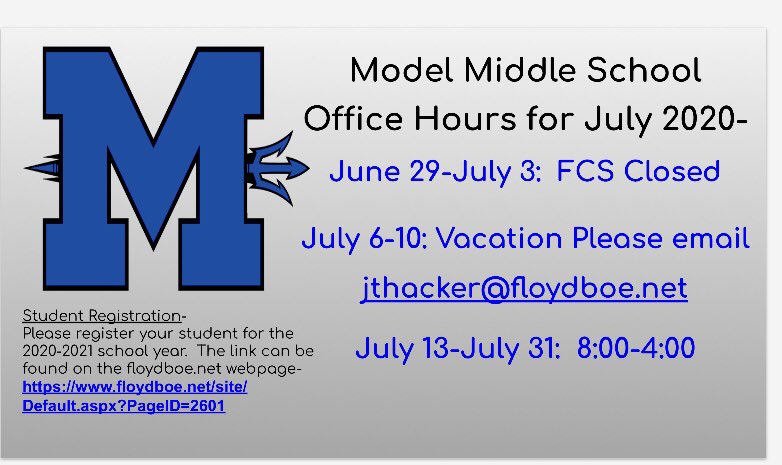 July office hours for MMS. Remember to register your student for next year and have a happy 4th of July.  We can’t wait to see everyone again!