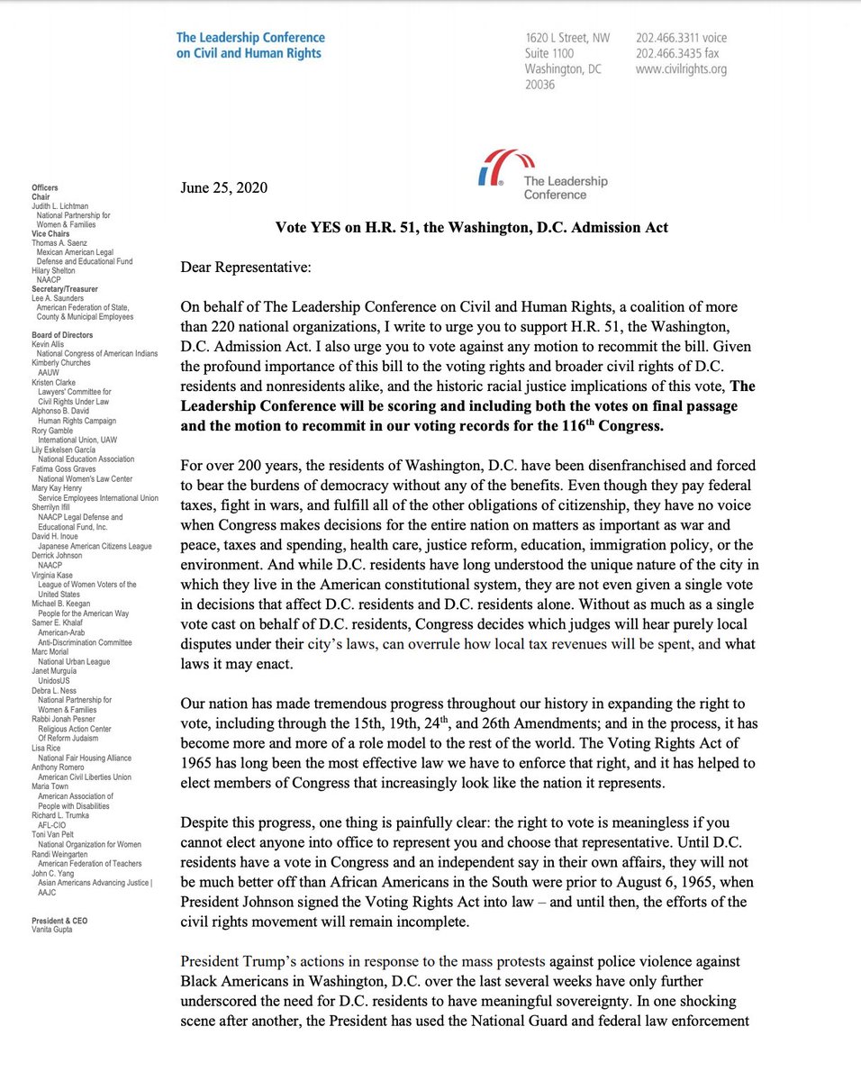 Screenshot of page 1 of our letter supporting H.R. 51. The full text is available at the link in the original tweet.