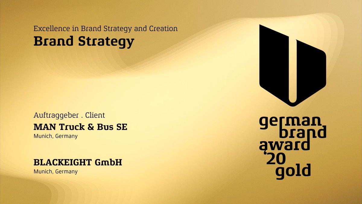 Blackeight_B8's tweet photo. Herzlichen Glückwunsch an @MAN_Group zum Gewinn des German Brand Awards in Gold in der Kategorie »Brand Strategy«! Wir bedanken uns für die vertrauensvolle Partnerschaft und sind Stolz darauf, die neue Markenstrategie gemeinsam entwickelt zu haben. 
https://t.co/64kPn6Yb3J https://t.co/YIqsZcGmIO