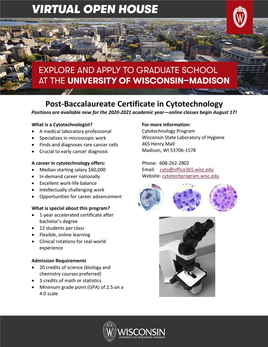 UWCytoProgram's tweet photo. Please join us for our Virtual Open House on July 8, and spread the word!

Did you know that we still have a few spots available for the 2020-2021 academic year? Classes start online August 17.

https://t.co/FjlTsj0URz https://t.co/8a2P4XJmNO