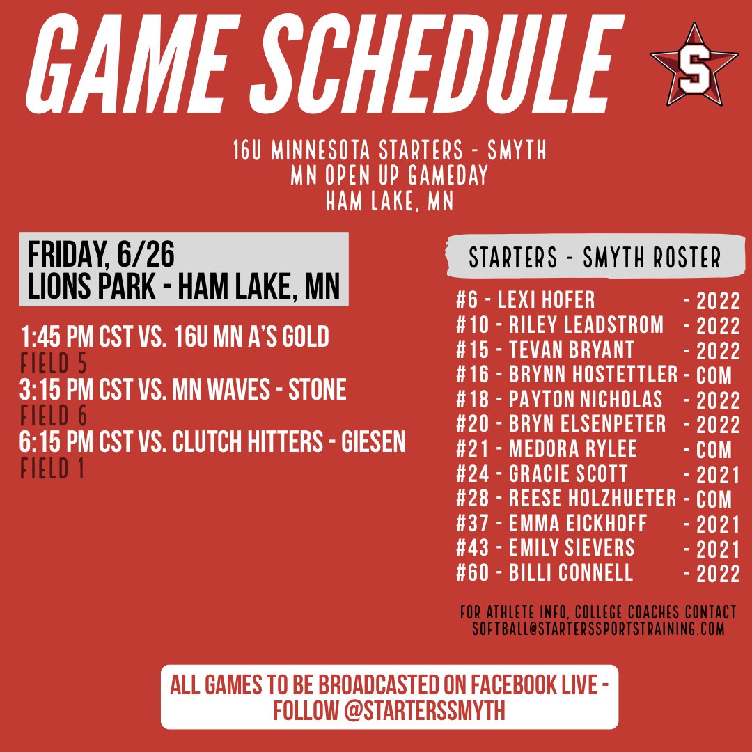 Our 16U MN Starters - Smyth team is streaming LIVE today in Minnesota! Follow along on their Facebook page facebook.com/starterssmyth