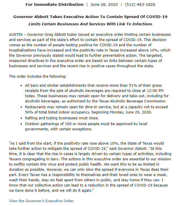 NEW: <a href="/GovAbbott/">Greg Abbott</a> shuts down bars at noon today and reduces restaurant capacity to 50%. Rafting and tubing businesses must close too.
gov.texas.gov/uploads/files/…