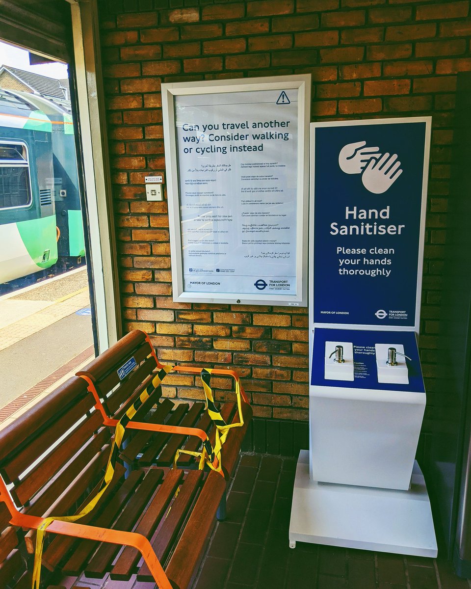 Anerley Train Station • Hand sanitiser stations have been installed, and signs appear urging passengers to "travel another way", perhaps by "walking or cycling instead". / Photos from my trip into central London, for the first time since March; No. 2