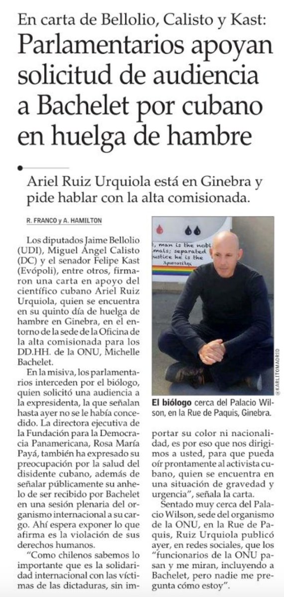 RosaMariaPaya's tweet photo. Ariel está deshidratado a 5Días en huelga hambre/sed, su cuerpo no resistirá más.
@mbachelet, usted es ahora responsable por su vida. Usted  puede salvarlo si le asegura que trabajará para que el pleno lo escuche. Actúe por humanidad

Gracias @felipekast @jbellolio @MiguelCalisto https://t.co/B9EYmjCENq
