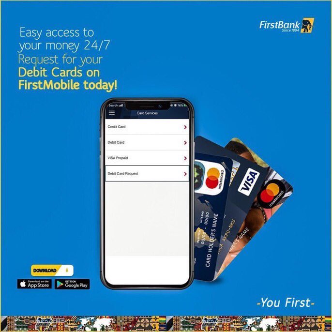 Pamilerin's tweet photo. All you need do is;

• Log on to @FirstBankngr mobile app.

• Select the Menu button

• Select Card services

• Select debit card request

• Select card type, Acct to be debited, location, bank branch and pin.. 

#CardsOnFirstMobile https://t.co/BryWP9JcxW