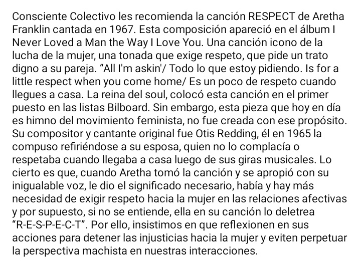conscientecltvo's tweet photo. #ConscienteColectivo #music #recomendación #mujeres  #violenciadegenero #nomásviolencia #igualdad #igualdaddecondiciones #lucha #respeto #justicia #psicología #psicologíayarte  #saludmental #aprendeencasa #pideayuda #noestássola #niunamenos #ArethaFranklin #respect #soul https://t.co/zm6WPVZY4V