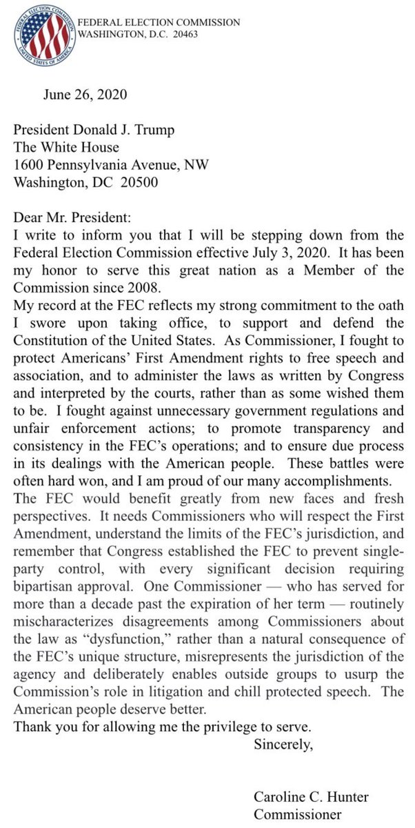 7/ Also, some serious shade from Caroline Hunter to  @EllenLWeintraub — long at odds with one another — on Hunter's way out the door.