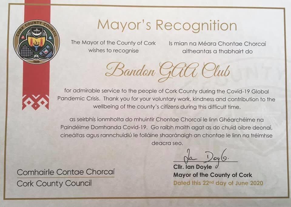 BandonGAA's tweet photo. Bandon GAA finish up our ‘Care of the Elderly’ delivery service today with Caulfields SuperValu. Thanks to our members who have performed such a great service for the vulnerable over past 14 weeks.

Today @Corkcoco have recognised the clubs effort.

@carberygaa @bandon @AbpFoods https://t.co/ZuEr4nXUj8