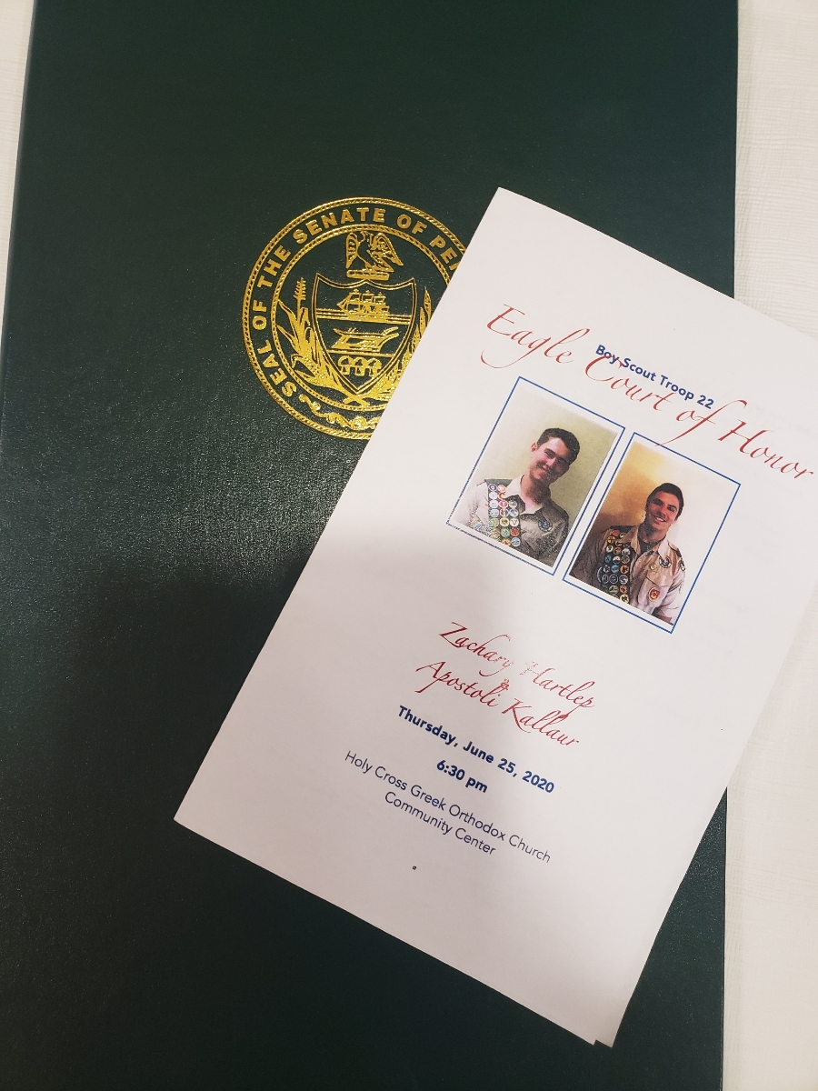 SenatorIovino's tweet photo. Yesterday evening, I was honored to present a Senate Citation to Apostoli Kallaur, a Bethel Park resident, recognizing his achievement of the rank of Eagle Scout. Congratulations to you, your family, and Troop 22! And congratulations to Zachary as well! 
@BSALHC527 https://t.co/B6uiFDfzIf